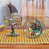 Handblown recycled glass cocktail glasses, 'Chromatic Gala' (set of 6) - Six Colorful Cocktail Glasses Handblown from Recycled Glass