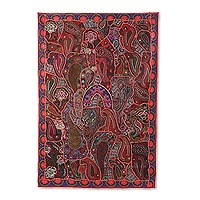 Patchwork wall hanging, 'Russet Tradition' - Russet Recycled Patchwork Paisley Wall Hanging from India