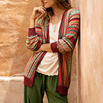 Baby Alpaca Blend Cardigan with Geometric Patterns from Peru, 'Zig-Zag Threads in Red'