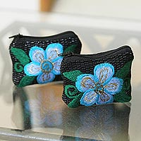 Cotton coin purses, 'Summer Morning' (pair) - Floral Embroidered Cotton Coin Purses from Mexico (Pair)