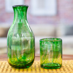 Handblown recycled glass carafe and glass set, 'Delicate Green' (pair) - Green Handblown Recycled Glass Carafe and Cup Set (Pair)