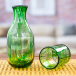 Handblown recycled glass carafe and glass set, 'Delicate Green' (pair) - Green Handblown Recycled Glass Carafe and Cup Set (Pair)