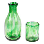 Handblown recycled glass carafe and glass set, 'Delicate Green' (pair) - Green Handblown Recycled Glass Carafe and Cup Set (Pair)