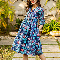 Cotton shirt dress, 'Waterlily' - Floral Printed Blue-Toned Knee-Length Cotton Shirt Dress