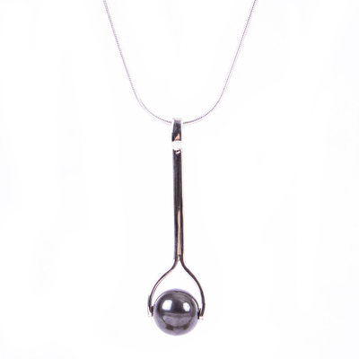 Silver pendant necklace, 'Obsidian Pendulum' - 950 Silver and Obsidian Pendant Necklace from Mexico