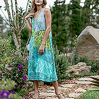 Batik rayon summer dress, Green Patchwork Dreams