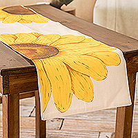 Camino de mesa de algodón, 'Girasoles' - Camino de mesa de algodón pintado a mano con motivo de girasol