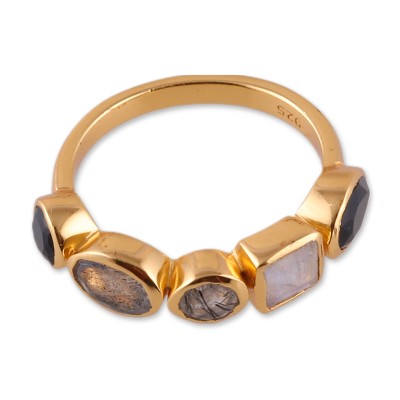 Gold-plated multi-gemstone band ring, 'Five Spirits' - 18k Gold-Plated One-Carat Multi-Gemstone Band Ring