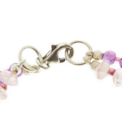 Amethyst and rose quartz beaded bracelet, 'Bold Colors' - Amethyst and Rose Quartz Double Strand Bracelet