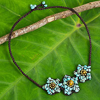 Calcite and tiger's eye flower necklace, 'Bearing Blossoms' - Turquoise coloured Calcite and Tiger's Eye Flower Necklace