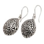 Sterling silver dangle earrings, 'Verdant Seeds' - Leaf Pattern Sterling Silver Dangle Earrings from Bali