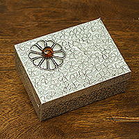 Decorative aluminium box, 'Glowing Fortune' - Decorative aluminium Box with Red Flower Design from Mexico