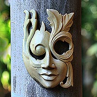 Wood mask, 'Blossoming Woman' - Modern Hibiscus Wood Mask