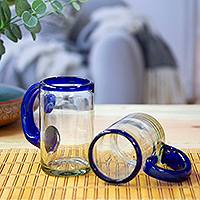 Handblown beer glasses, 'Cobalt Brew' (pair) - Pair of Handblown Beer Glasses with Cobalt Handle and Rim