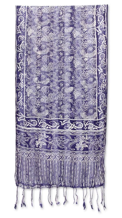 Silk batik scarf, 'Hibiscus Garden' - Handcrafted 100% Silk Floral Batik Scarf from Indonesia