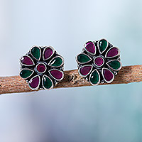 Onyx button earrings, 'Delightful Blend' - 925 Silver Floral Button Earrings with Pink and Green Onyx