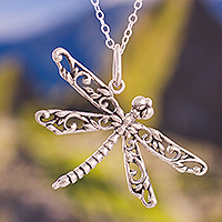 Silver pendant necklace, 'Wings of the Dragonfly' - Artisan Crafted Silver Dragonfly Necklace from Peru