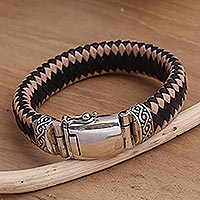 Men's sterling silver and leather braided bracelet, 'Two Brothers' - Men's Sterling Silver and Leather Braided Bracelet from Bali