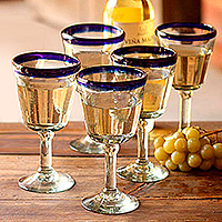 Wine glasses, 'Chardonnay' (set of 5) - Hand Blown Wine Glasses Set of 5 Blue Rim Goblets Mexico