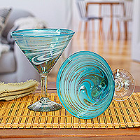 Handblown recycled glass martini glasses, Waves of Sophistication (pair)