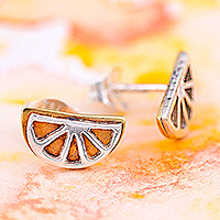 Sterling silver and brass stud earrings, 'Lemon Slice' - Whimsical Sterling Silver and Brass Lemon Stud Earrings