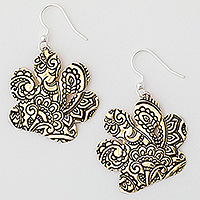 Brass dangle earrings, 'Noble Paisley Paws' - Brass Paw Dangle Earrings with Embossed Paisley Motifs