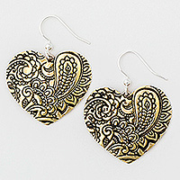 Brass dangle earrings, 'My Heart in Paisley' - Paisley-Patterned Heart-Shaped Brass Dangle Earrings