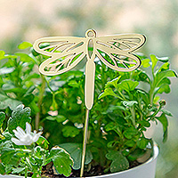Brass plant stake, 'Shining Dragonfly' - Handcrafted High-Polished Brass Dragonfly Plant Stake