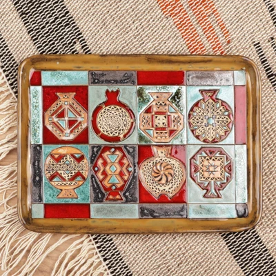 Glazed ceramic platter, 'Geometrical Omens' - Pomegranate-Themed Geometric Glazed Ceramic Platter
