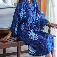 Women's batik robe, 'Midnight Starlight' - Women's Blue Batik Robe