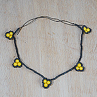 Recycled glass beaded anklet, 'Yellow Emotions' - Eco-Friendly Yellow and Black Glass Beaded Anklet from Ghana
