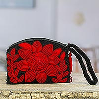 Cotton wristlet, 'Crimson Passion' - Embroidered Cotton Wristlet with Crimson Floral Details