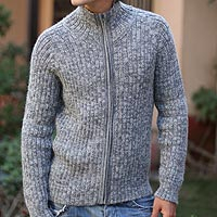 Men's 100% alpaca jacket, 'Cloudfall' - Men's Alpaca Wool Zip Cardigan Sweater from Peru