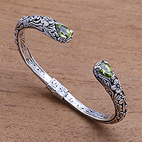 Peridot cuff bracelet, 'Hint of Twilight' - Peridot and Sterling Silver Floral Motif Cuff Bracelet