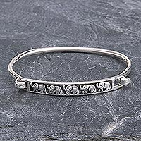 Sterling silver bangle bracelet, 'Pachyderm Parade' - Thai Elephant Sterling Silver Bangle Bracelet