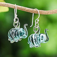Handblown glass dangle earrings, 'Elephant Glam' - Handblown Glass Elephant Dangle Earrings from Thailand