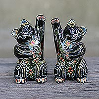 Wood figurines, 'Waving Cats' (pair) - Lacquerware Wood Cat Figurines from Thailand (Pair)