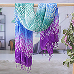 Tie-Dyed Purple Blue Green Batik Rayon and Silk Blend Scarf, 'Lavender Fusion'