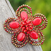 Quartz and glass beaded brooch pin, 'Spring in Love' - Handcrafted Floral Red Quartz and Glass Beaded Brooch Pin