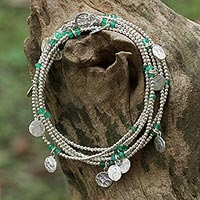 Onyx wrap bracelet, 'Rain Charms in Green' - 925 Sterling Silver Plated Green Onyx Bracelet from Thailand