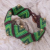 Macrame wristband bracelet, 'Forest Fun in Green' - Green Macrame Waxed Cord Wristband Bracelet