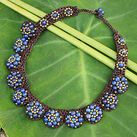 Lapis lazuli beaded necklace, 'Daisy Melody' - Lapis Lazuli Necklace and Brass Hand Crocheted Necklace