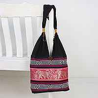 Cotton blend shoulder bag, Thai Elephants in Ruby