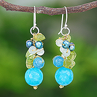 Multi-gemstone dangle earrings, 'Earth from Space' - Peridot and Cultured Pearl Dangle Earrings