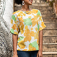 Eco-friendly cotton blouse, 'Botanical Mood' - Thai Botanical Ouke-Printed Cotton Blouse