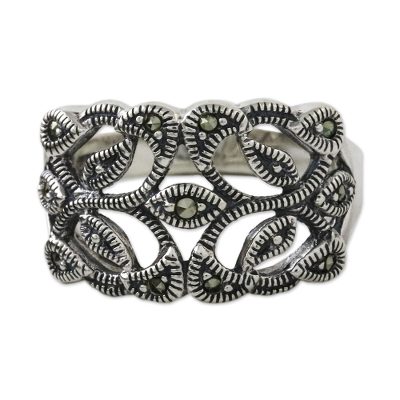 Marcasite cocktail ring, 'Victorian Lace' - Marcasite Band Ring in Sterling Silver from Thailand