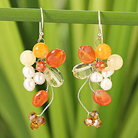 Pearl and carnelian cluster earrings, 'Radiant Bouquet' - Unique Beaded Carnelian Earrings