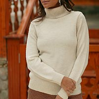 Alpaca blend sweater, 'Winter Ivory' - Handcrafted Alpaca Wool Turtleneck Sweater