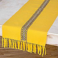 Cotton table runner, 'Maya Sun' - Artisan Crafted Yellow Cotton Table Runner from Guatemala