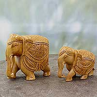 Wood sculptures, 'Parade in Jaipur' (pair) - India Artisan Crafted Elephant Wood Sculptures (Pair)